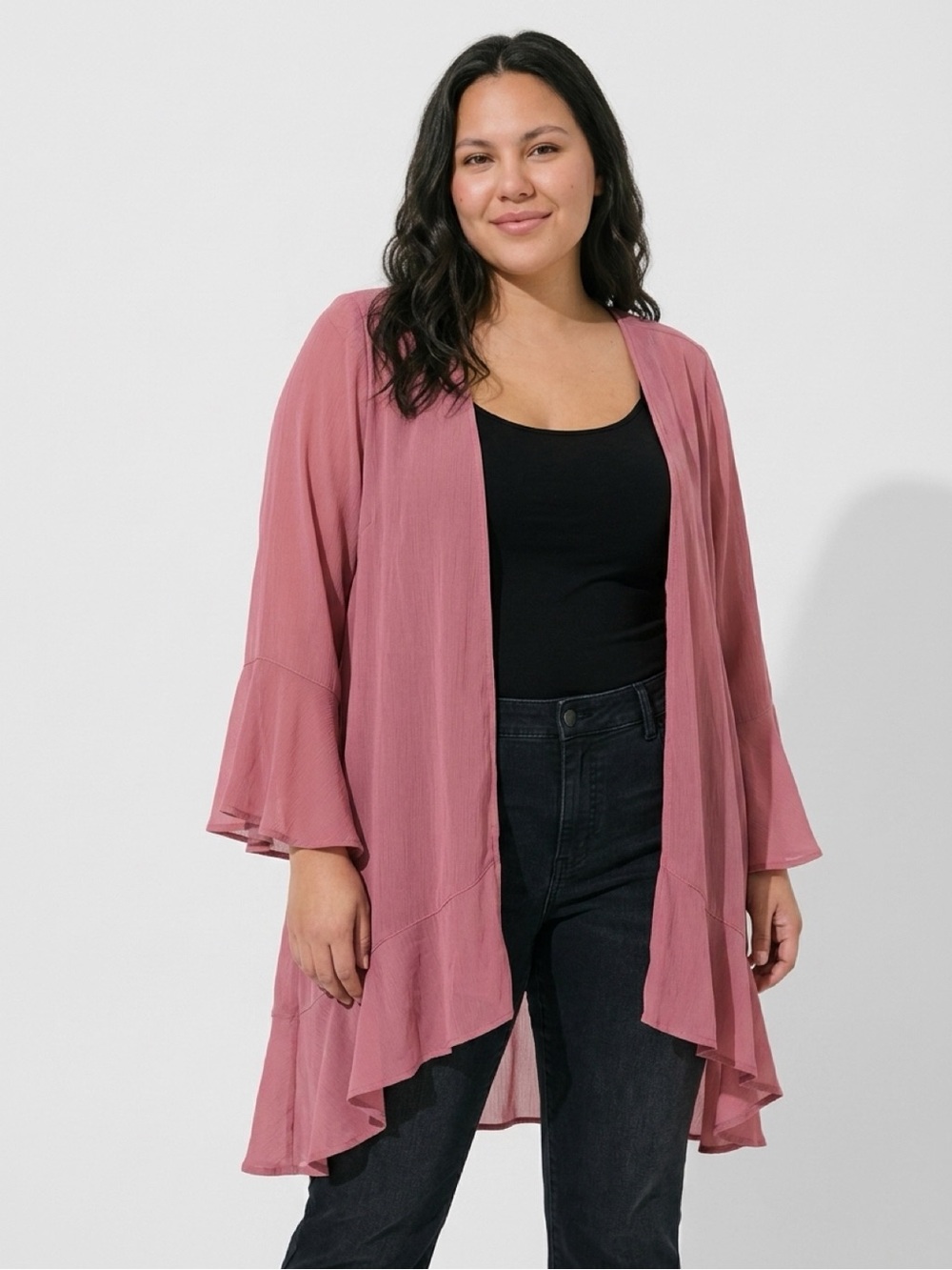 Torrid Dusty Rose Pink Open Front Ruffle Hem Duster